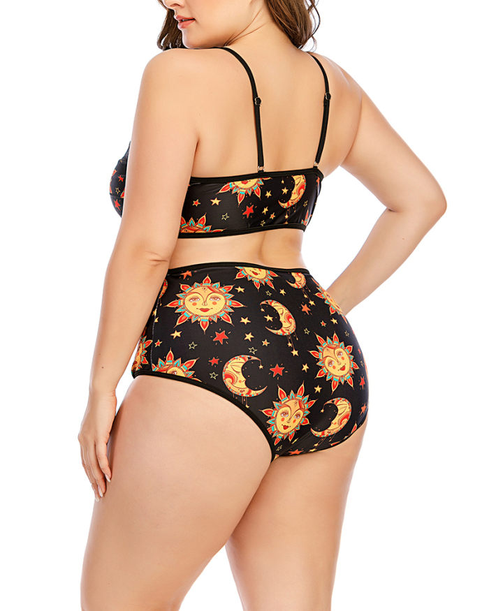 Women Strap Sun & Moon Printed High Waist Two Piece Plus Size Swimwear Black L-5XL