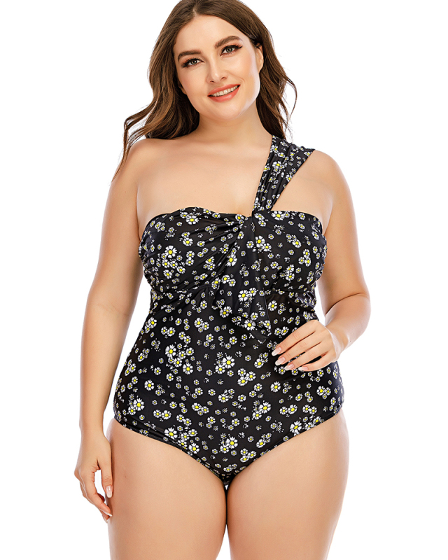 Women Florals Print One Shoulder Slim One Piece Plus Size Swimwear Black L-5XL