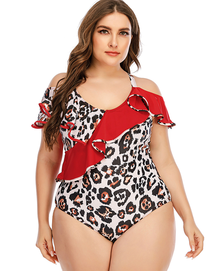 Sexy Women Ruffles One Piece Plus Size Swimsuit Leopard Colorblock L-5XL