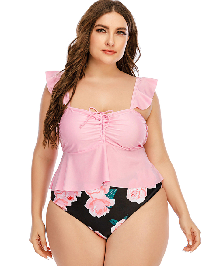  Sexy Cute High Waist Two Piece Women Plus Size Swimwear Pink L-5XL