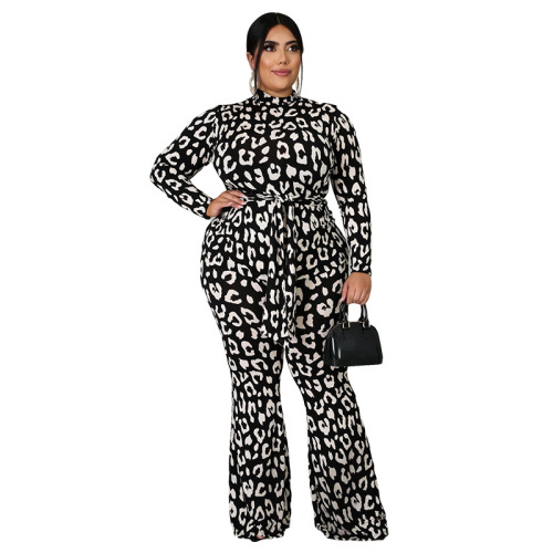Women Long Sleeve Sexy Leopard Plus Size Jumpsuit Black L-4XL