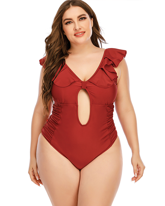 Woman Solid Color Hollow Out Back Ruffles Shoulder V-Neck One Piece Plus Size Swimwear Black Red L-5XL