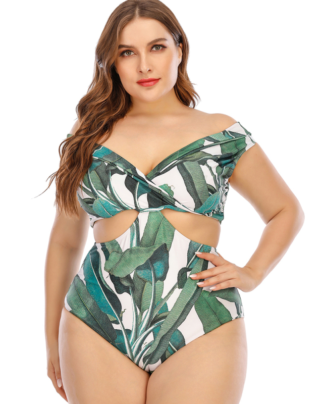 Fashion Leaf Printed Hollow Out Plus Size Swimsuit Green L-5XL