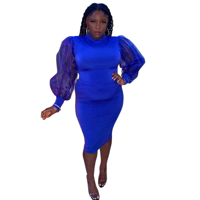 Women Stylish Solid Color Long Mesh Sleeve Bodycon Plus Size Dresses Blue Black L-4XL