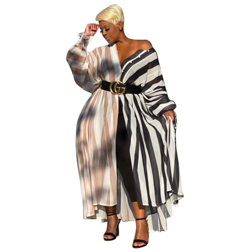 Women Stripe Colorblock Long Sleeve Plus Size Dresses Black Pink L-4XL