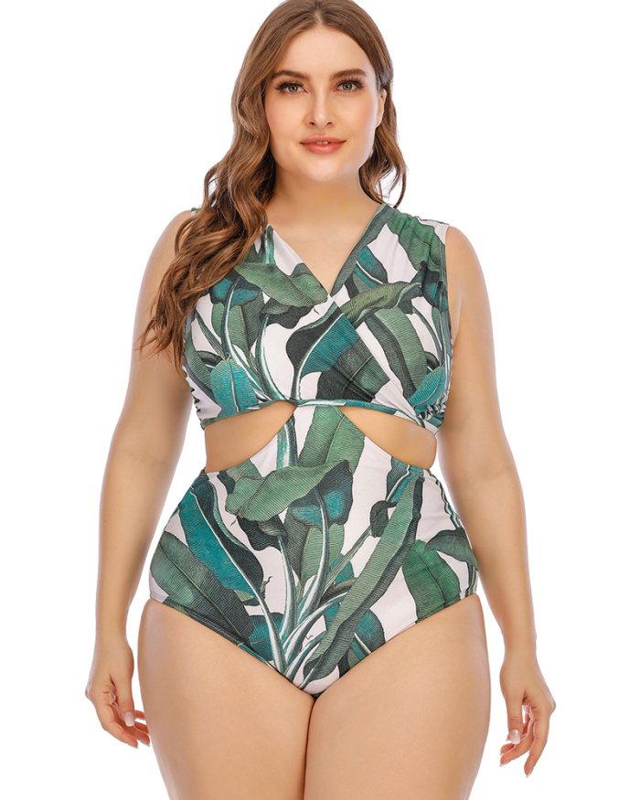 Fashion Leaf Printed Hollow Out Plus Size Swimsuit Green L-5XL