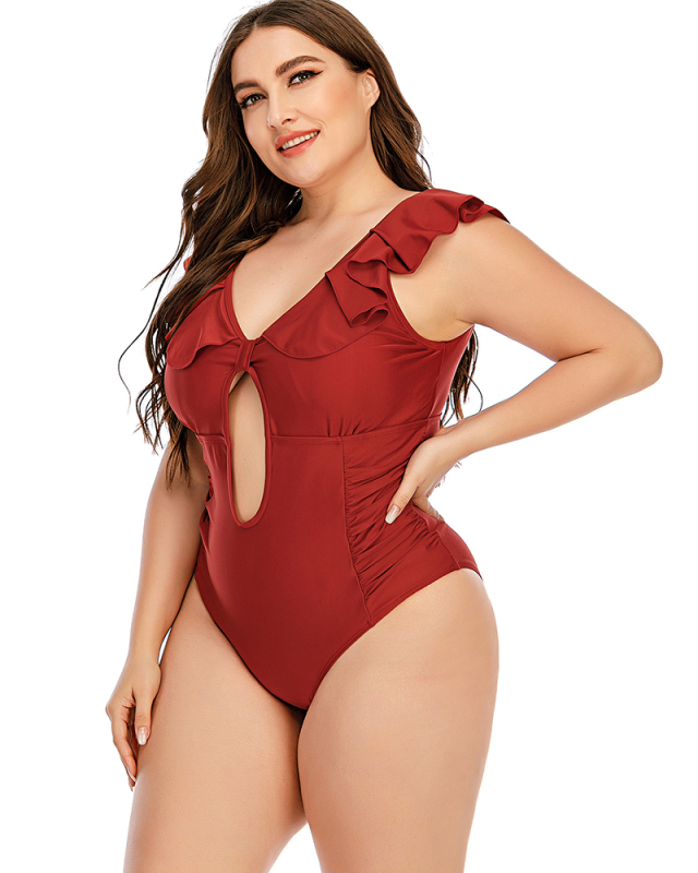 Woman Solid Color Hollow Out Back Ruffles Shoulder V-Neck One Piece Plus Size Swimwear Black Red L-5XL