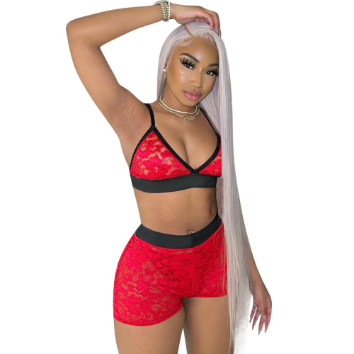 Women Sexy Mesh Colorblock V-Neck Two Piece Set Red Black S-2XL