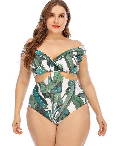 Fashion Leaf Printed Hollow Out Plus Size Swimsuit Green L-5XL