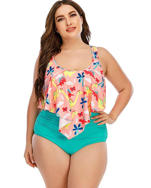 Women Sleeveless Florals Printed High Waist Two Piece Plus Size Swimwear Pink L-5XL