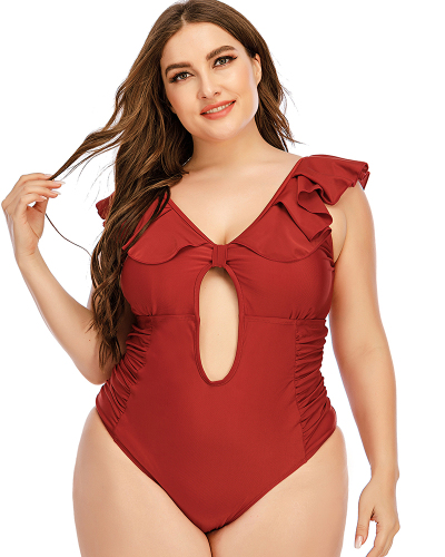 Woman Solid Color Hollow Out Back Ruffles Shoulder V-Neck One Piece Plus Size Swimwear Black Red L-5XL