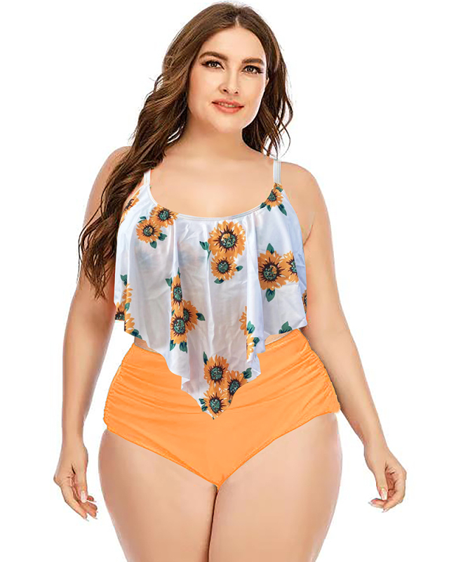 Women Florals Print High Waist Plus Size Swimsuit White Yellow L-5XL