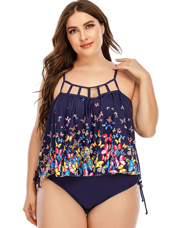 New Butterfly Printed Women Two Piece Plus Size Swimsuit Navy Blue Wine Red Purple L-5XL