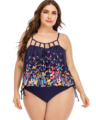 New Butterfly Printed Women Two Piece Plus Size Swimsuit Navy Blue Wine Red Purple L-5XL