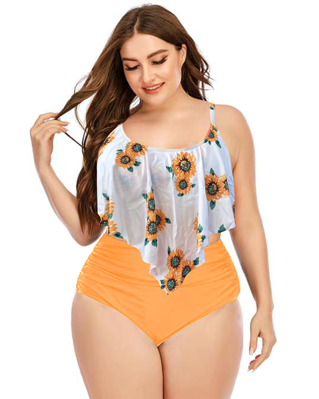 Women Florals Print High Waist Plus Size Swimsuit White Yellow L-5XL