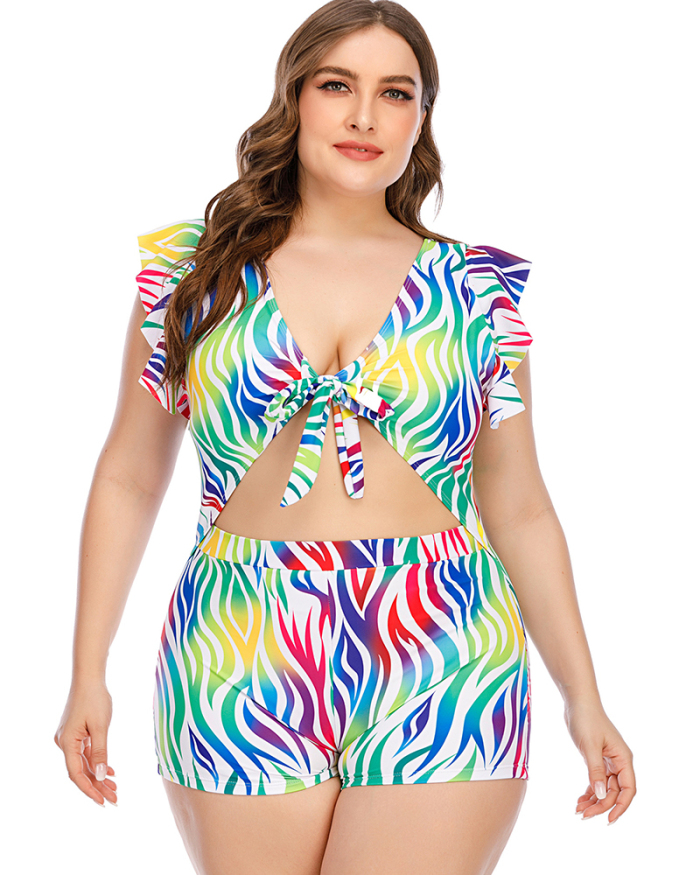 Women Rainbow Zebra Striped Two Piece Plus Size Swimwear L-5XL