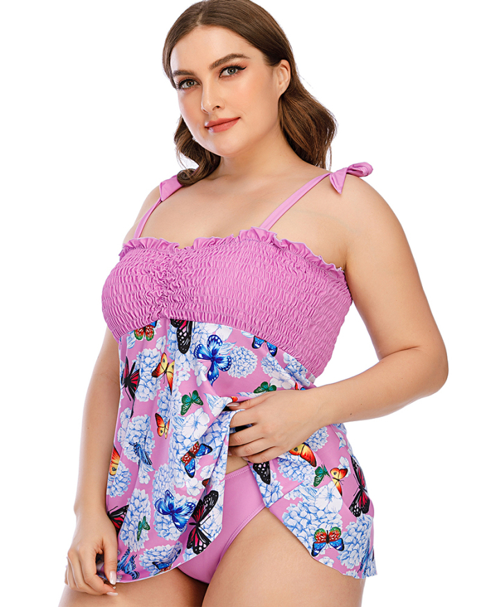 New Ruched Butterfly Printed Women Plus Size Swimwear Pink Yellow Red Blue Rose Red L-5XL
