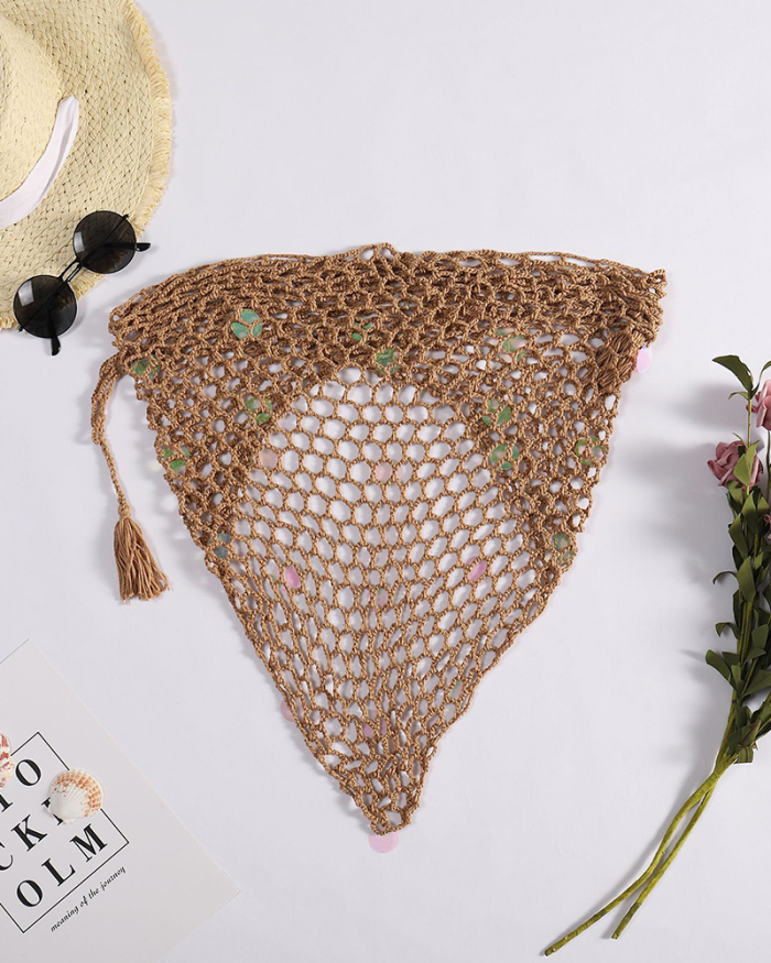 Sexy Women Summer Beach Triangle Wraps Hollow Out Swimwear Crochet Bikini Cover Up See-through Crochet Swimsuit