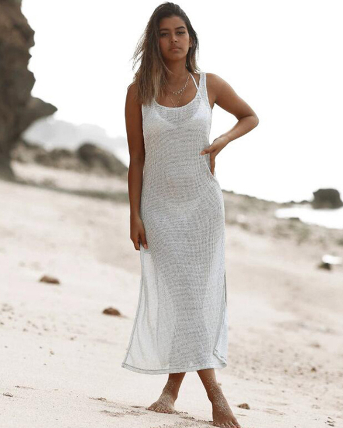 Knitted bikini cover-ups Long beach dress women Summer fashion white swimsuit cover up Plus size split tunics for women XL