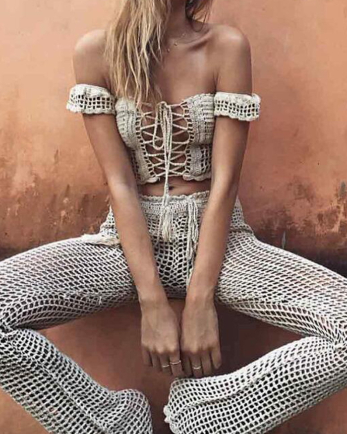 Beach Handmade Crochet Hollow Out Bandage Elastic Waist Shell Pants Sunscreen Fishing Net Trouser