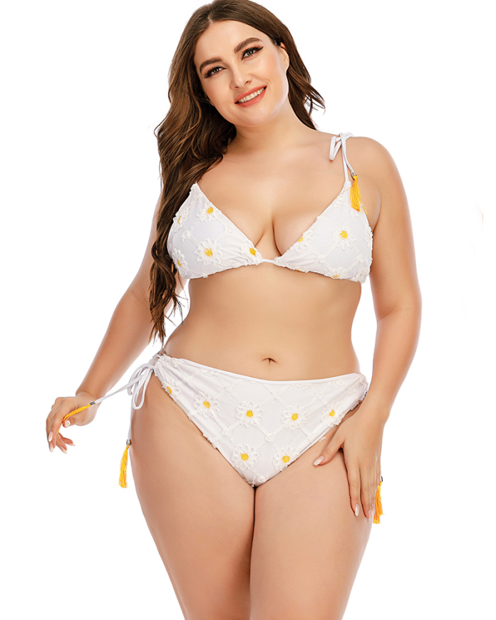 Florals Women Striped Two Piece Plus Size Swimsuit White L-4XL