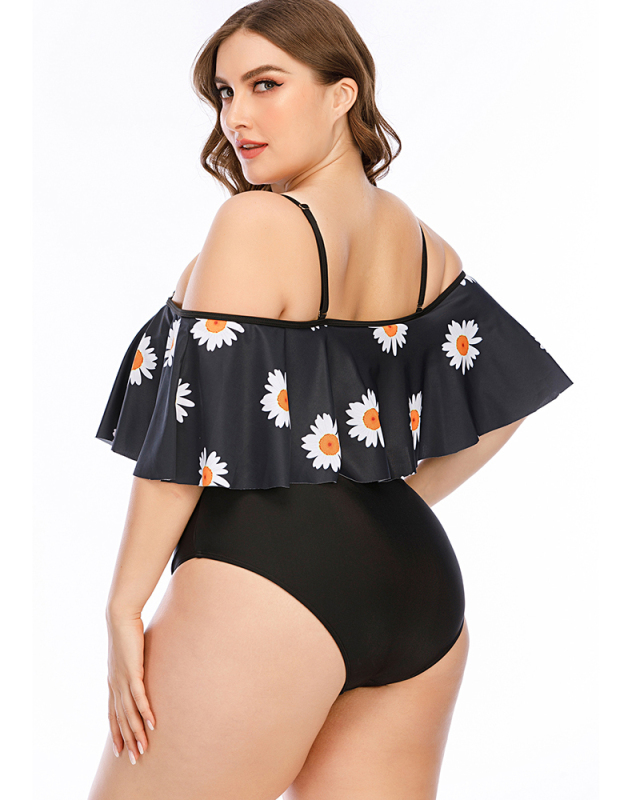 Women Strappy Sunflower Print Off Shoulder One Piece Plus Size Swimsuit Black L-5XL