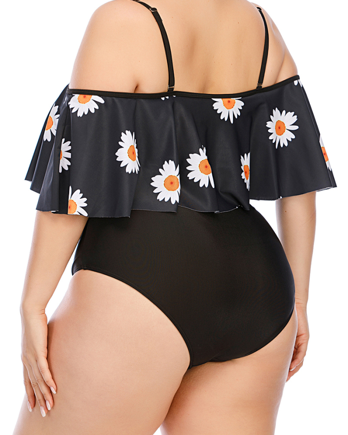 Women Strappy Sunflower Print Off Shoulder One Piece Plus Size Swimsuit Black L-5XL