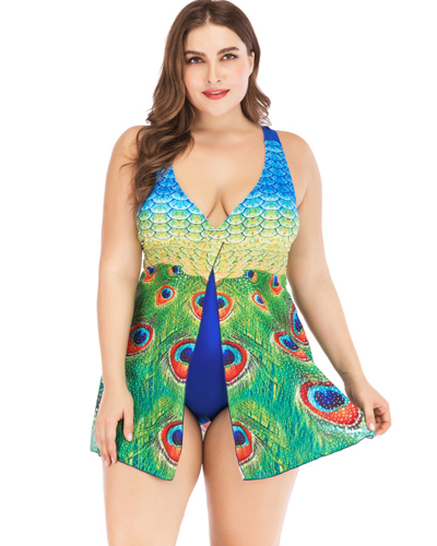 Women Peacock Printed Slit V-Neck One Piece Plus Size Swimsuit Green L-4XL