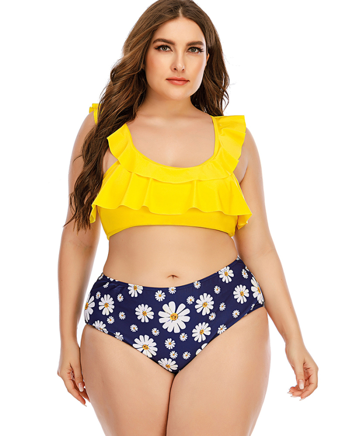 Florals High Waist Women V-neck Ruffles Two Piece Plus Size Swimwear Yellow Blue L-4XL