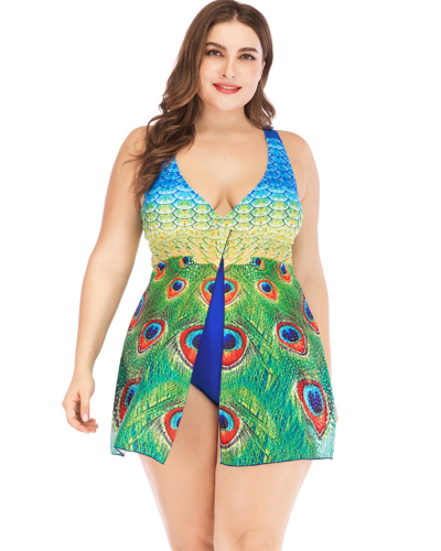 Women Peacock Printed Slit V-Neck One Piece Plus Size Swimsuit Green L-4XL