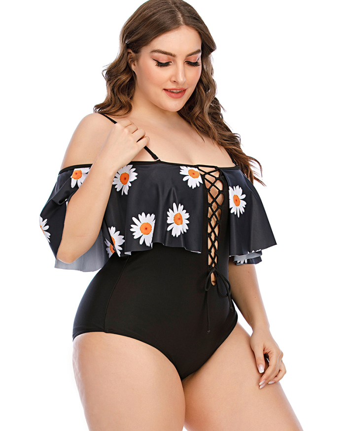 Women Strappy Sunflower Print Off Shoulder One Piece Plus Size Swimsuit Black L-5XL