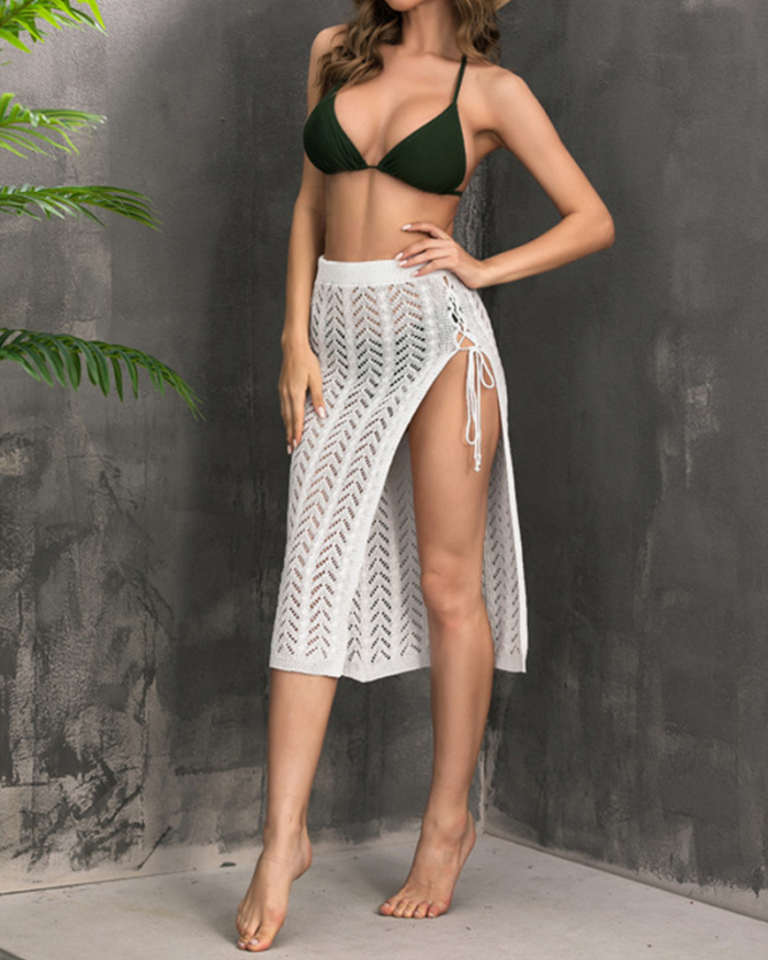 2021 Sexy Beach Crochet Cover Up Dress Swim Women White Knitted Beach Tunic Hollow Sexy Tassels Cover Up Bikini Bandage Half-body Skirt