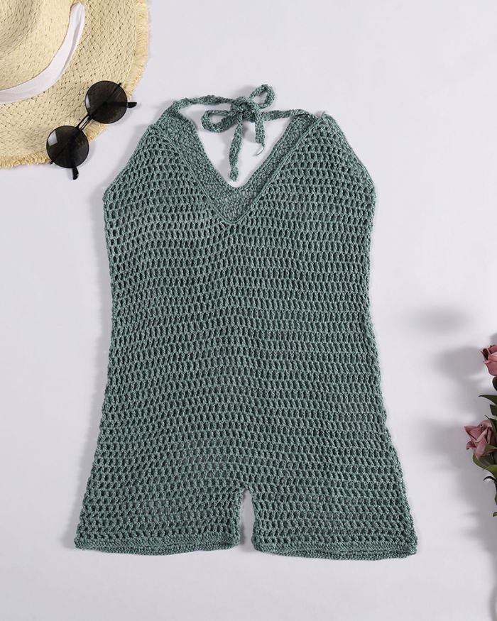 Hand Crochet Mini Dress low-cut back fitted halter Beach Dress short mini length