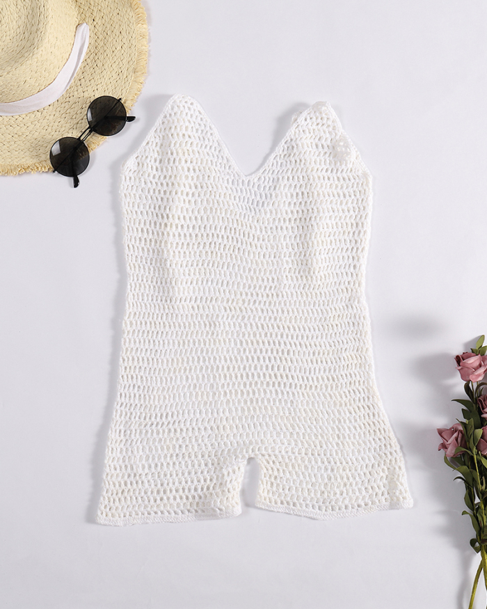 Hand Crochet Mini Dress low-cut back fitted halter Beach Dress short mini length