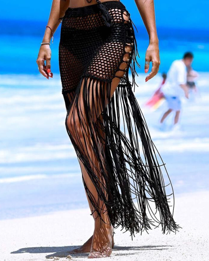 Knitted Tassel Bikini Bottom Beach Cover Ups Beach Dress Beach Wear Women Tie Up Hallow Out Bather Bathing Suit