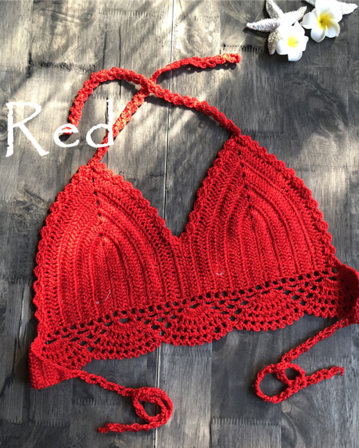 Sexy Women Summer Backless Crochet Knit Beach Bra Boho Bralette Deep V-neck Knitting Halter Backless Belted Cami Tank Crop Top