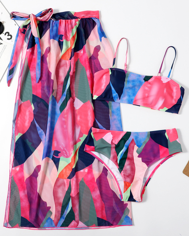 Fashion Printed Women Sexy Colorblock Three-piece Swimsuit Yellow Red Green Light Purple Pink Blue Orange S-XL