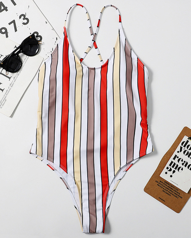 Girl's Stylish Multicolor Stripe High Cut One-piece Swimsuit Green Purple Orange S-XL