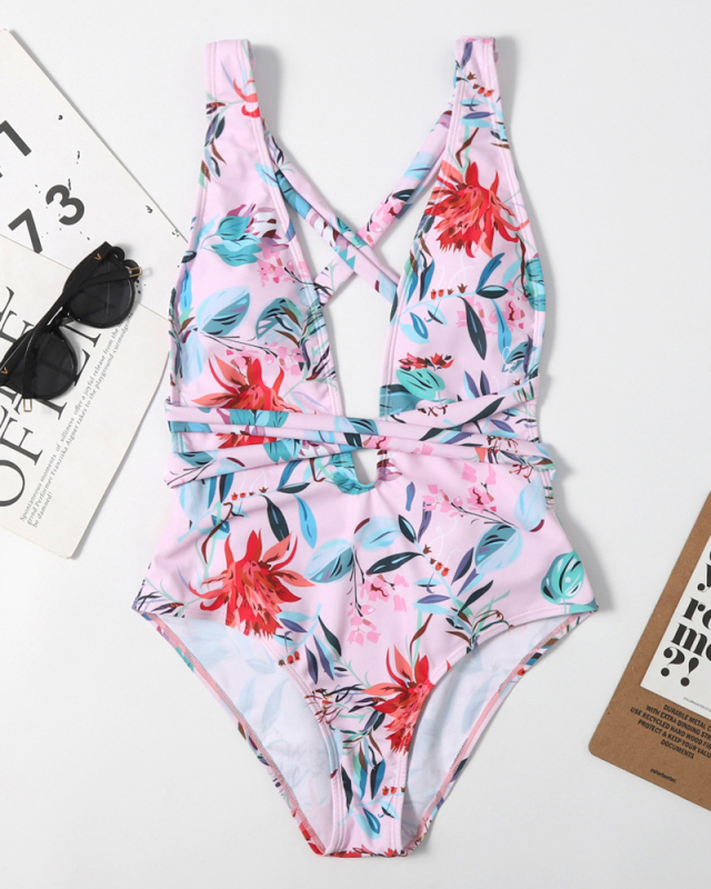 Lady Sexy Printing Cross Strappy Hollow Out One Piece Swimwear S-XL