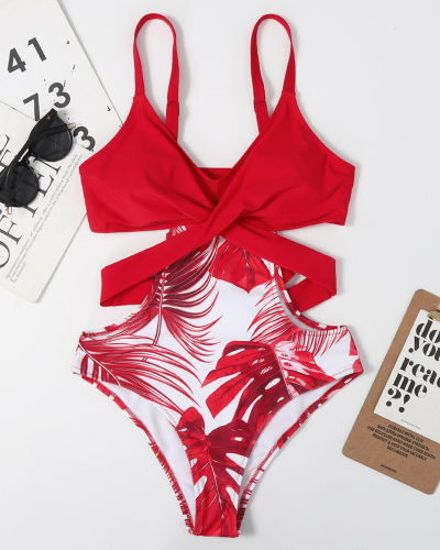 Women Printing Hollow Out Strappy Tie Knot One Piece Swimwear Red White Black S-XL