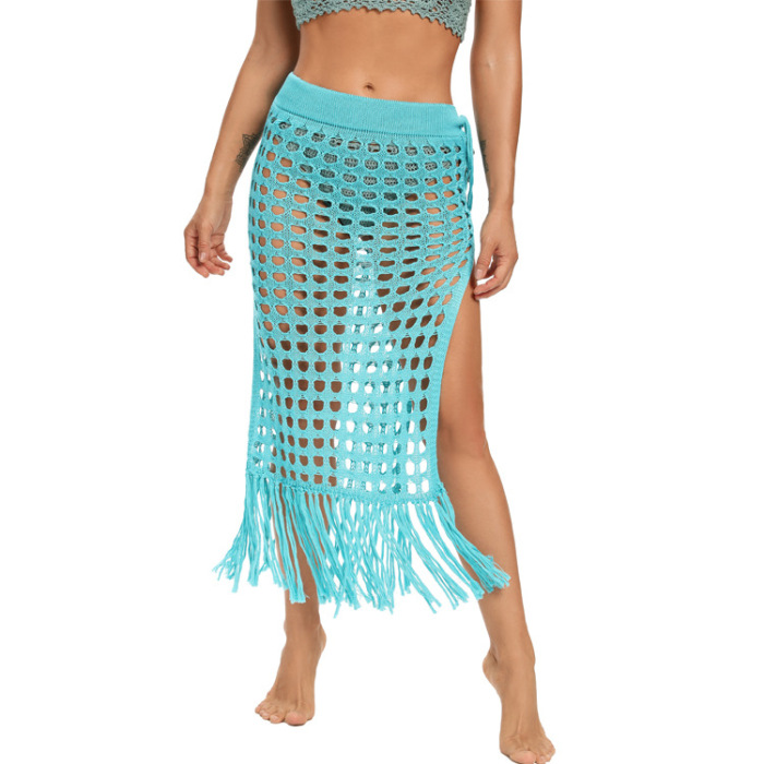 Crochet Bikini Maxi Knit Skirt Split Tassels Beachwear Women’s Swimwear Sexy Sheer Hollow Out Beach 2021 Summer Bikini Crochet Cover Up Skirts