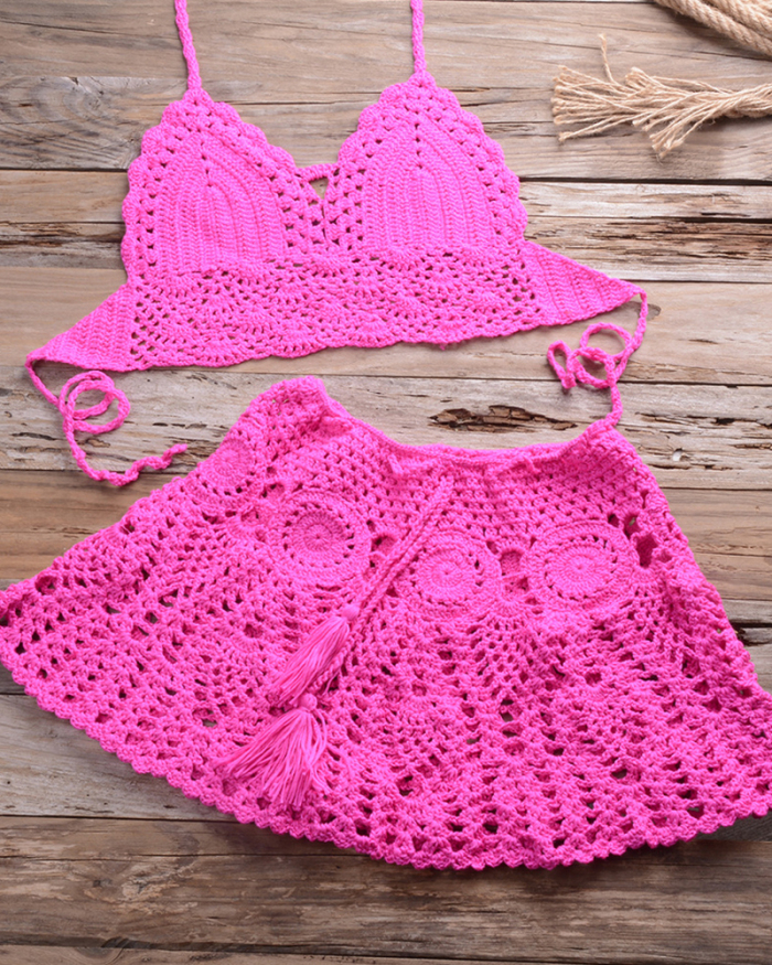 Two-piece Crochet Women Bikini Set Cover Up Swimsuit Swim Skirt Swimwear Bathing Swimdress Beachwear