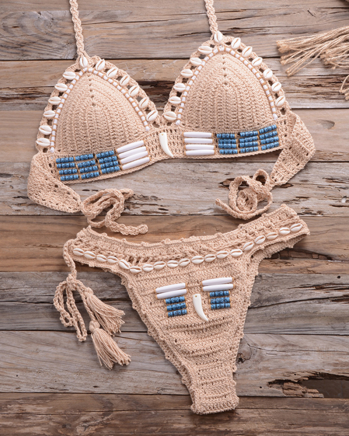 Sexy Handmade Crochet Bikinis Blue Shell Beaded High Quality Swimsuit Women Push Up Swimwear Knitted Beach Wear Bathing Suits