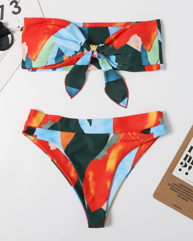 Lady Printing Tie Knot High Waist Two Piece Swimwear Yellow Green Red Blue Orange S-L