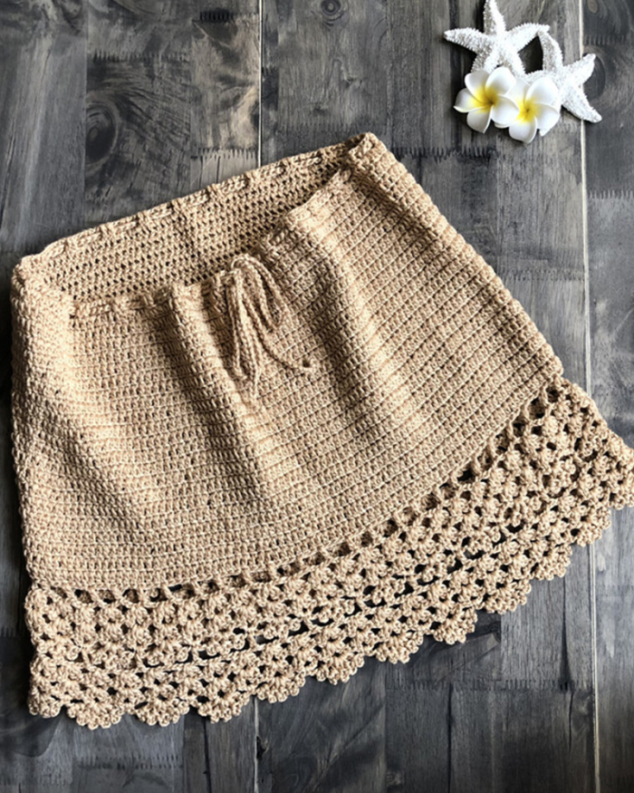 Handmade Cotton Crochet Mini Skirts Women Summer High Waist Bow Tie Skirt Ladies Beach Bikini Bottoms
