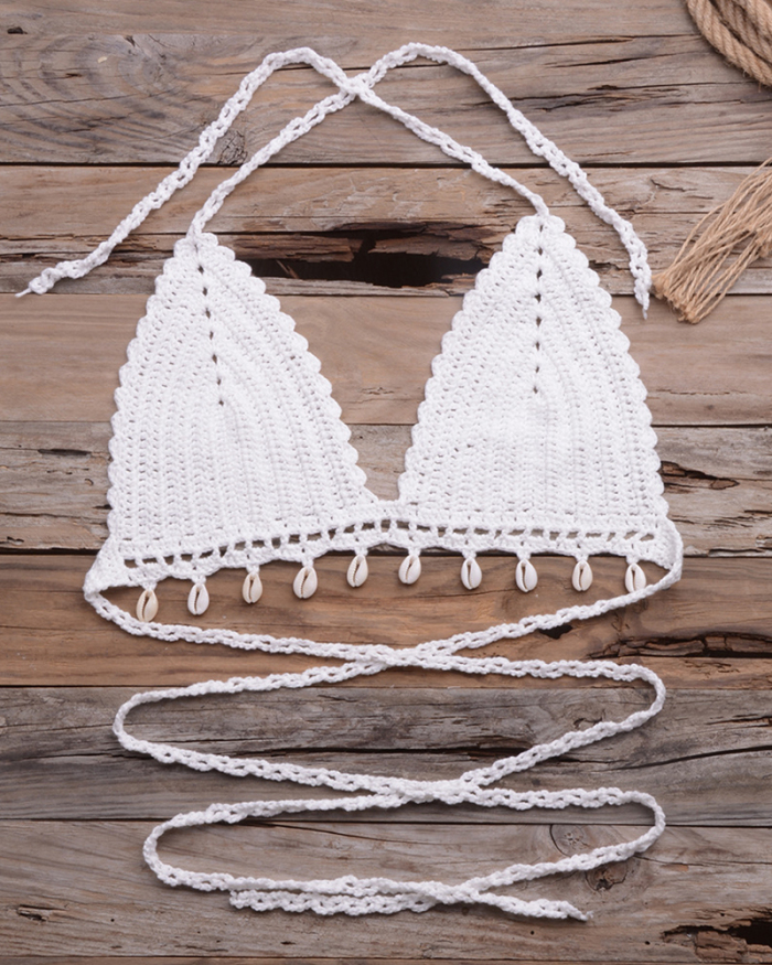 Knitted Bra Top Bikini Set Womens Swimsuit Handemade Crochet Bikini Cover Up Tassel Beach Long Wrap Skirt Sarong
