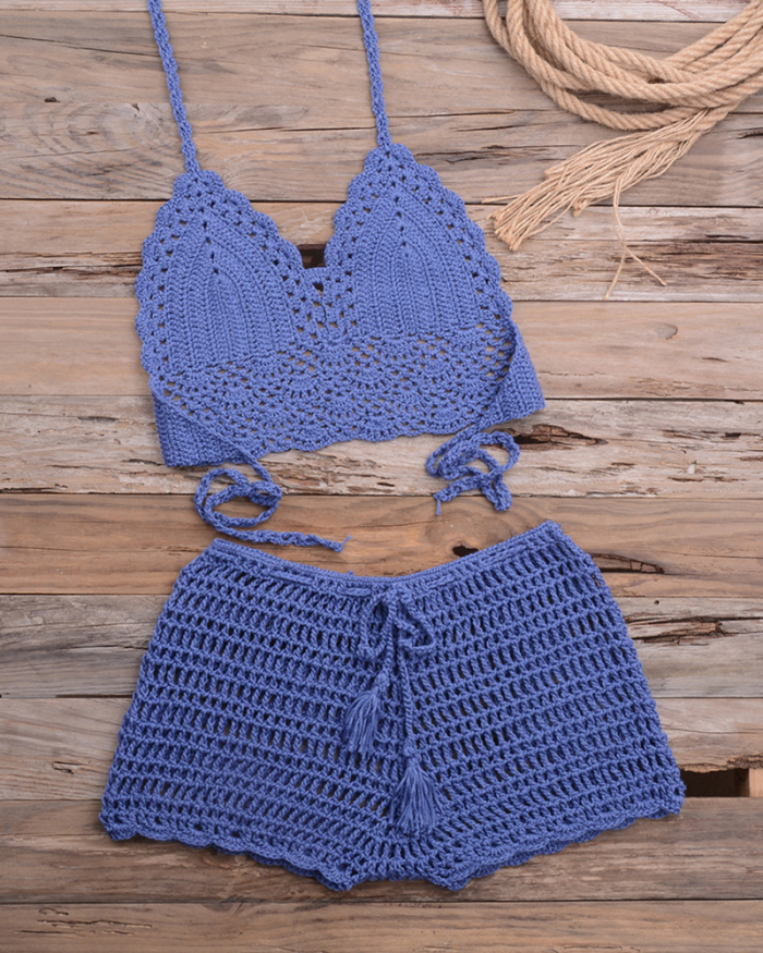 18 Colors Crochet Bikini Set Tassel knitting Tube up Two Pieces Push-Up Swimsuit Halter Bandage Swimwear Beach Bath Suit Bikinis