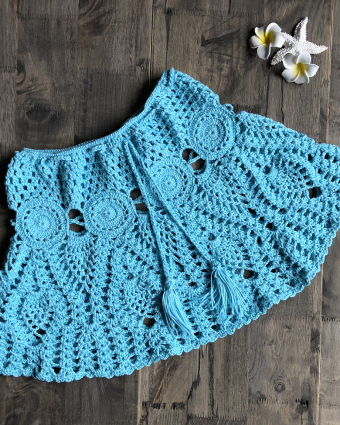 New Sexy Crochet Tassel Beach Skirt Cotton Swimsuit Fused Skirt Casual Beach Running Lace See Through Slim Mini Skirts
