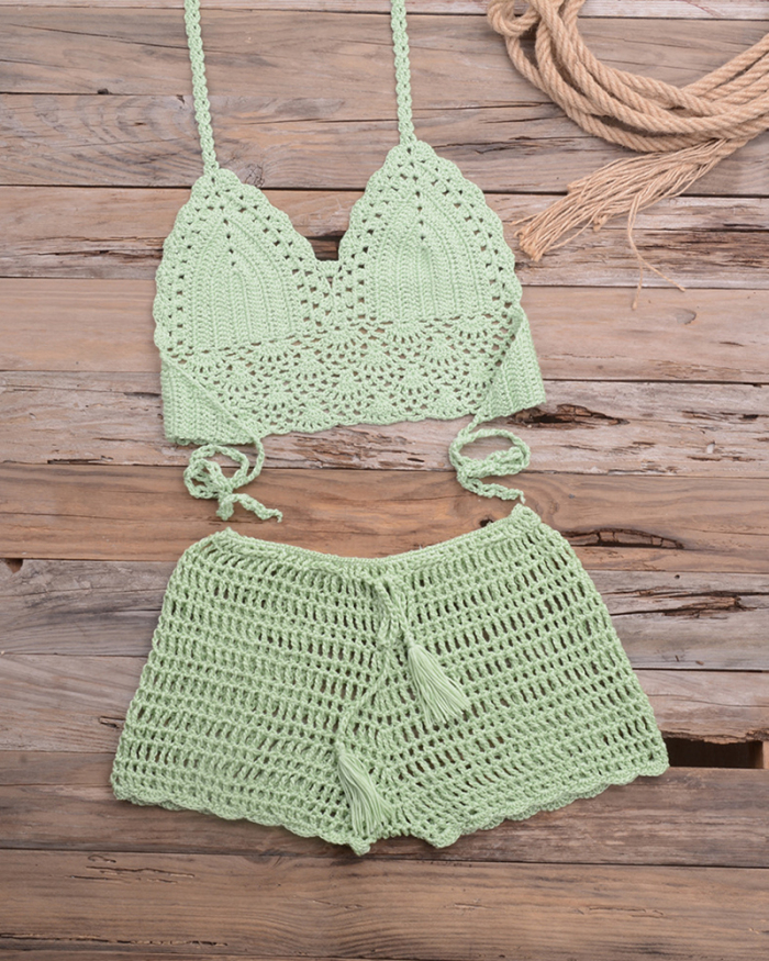 18 Colors Crochet Bikini Set Tassel knitting Tube up Two Pieces Push-Up Swimsuit Halter Bandage Swimwear Beach Bath Suit Bikinis