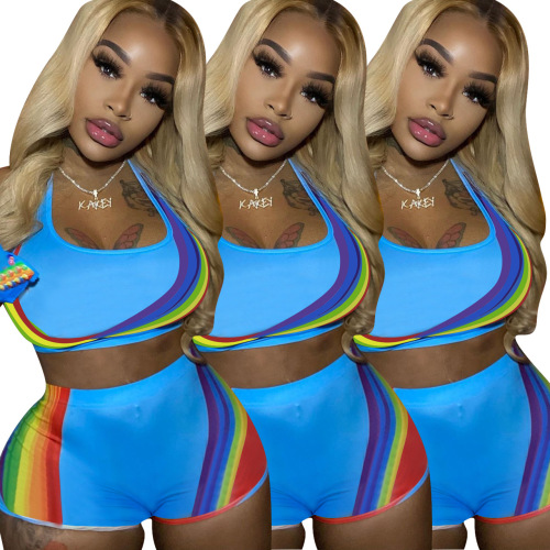 Women New Sexy Crop Tops Short Sleeve Shorts Two Pieces Outfit Blue S-XL